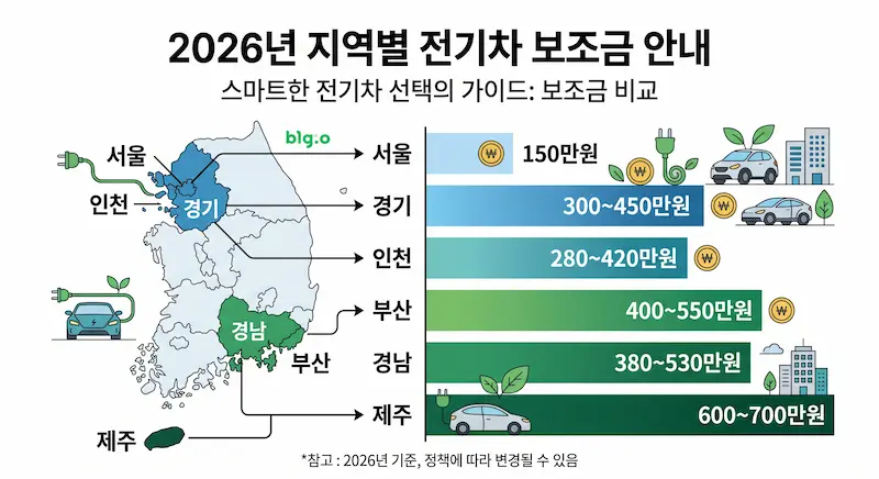 2026 전기차 보조금 지역별 비교 인포그래픽 – 서울 150만 원 제주 700만 원