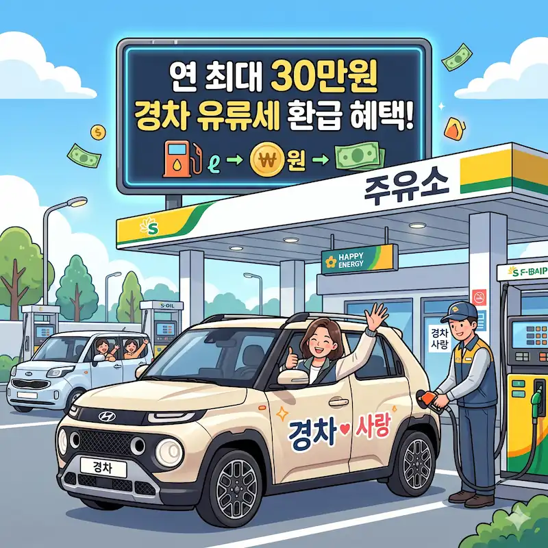 주유소에서 경차 유류세 환급 혜택 안내판을 배경으로 밝게 웃고 있는 여성 운전자와 캐스퍼 차량 일러스트