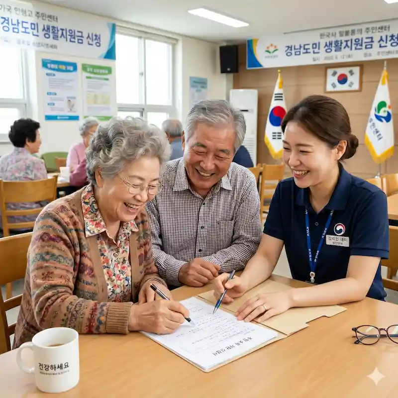행정복지센터를 방문하여 경남도민 생활지원금 신청을 돕는 모습