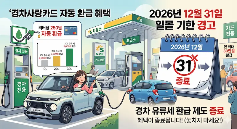 가스 스테이션에서 '경차사랑카드'를 이용해 주유 시 리터당 250원 자동 환급되는 차트와 2026년 12월 31일 일몰 기한을 경고하는 달력 일러스트